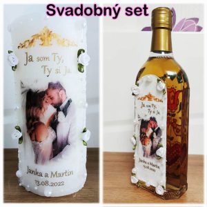 svadobný darček - zdobená sviečka a fľaša s fotkou